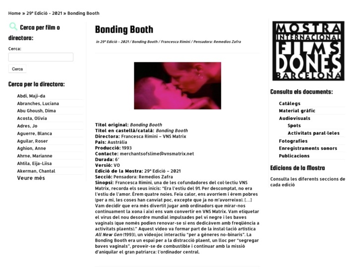 Screening listing, Bonding Booth, Barcelona International Women's Film Festival, 2021